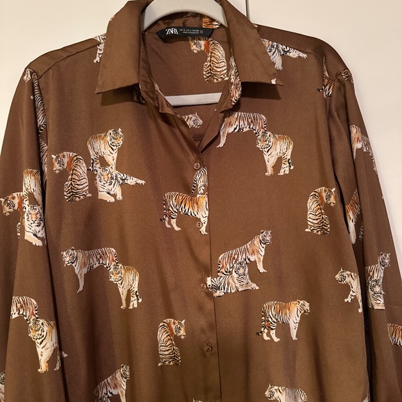 Zara brown oversized button down printed shirt, Sz Small - Picture 5 of 8